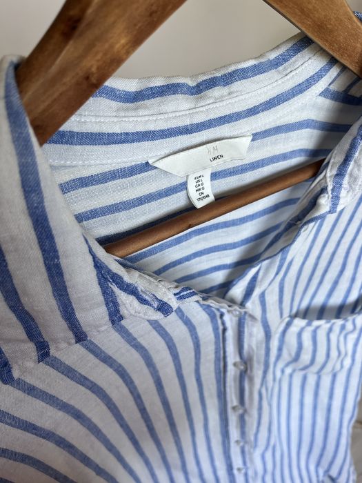 Koszula lniana 100% len w paski H&M Premium marynarskie paski