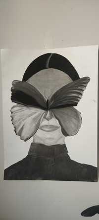 Obraz rysunek ołówki węgiel "kobieta z motylem" czerń biel