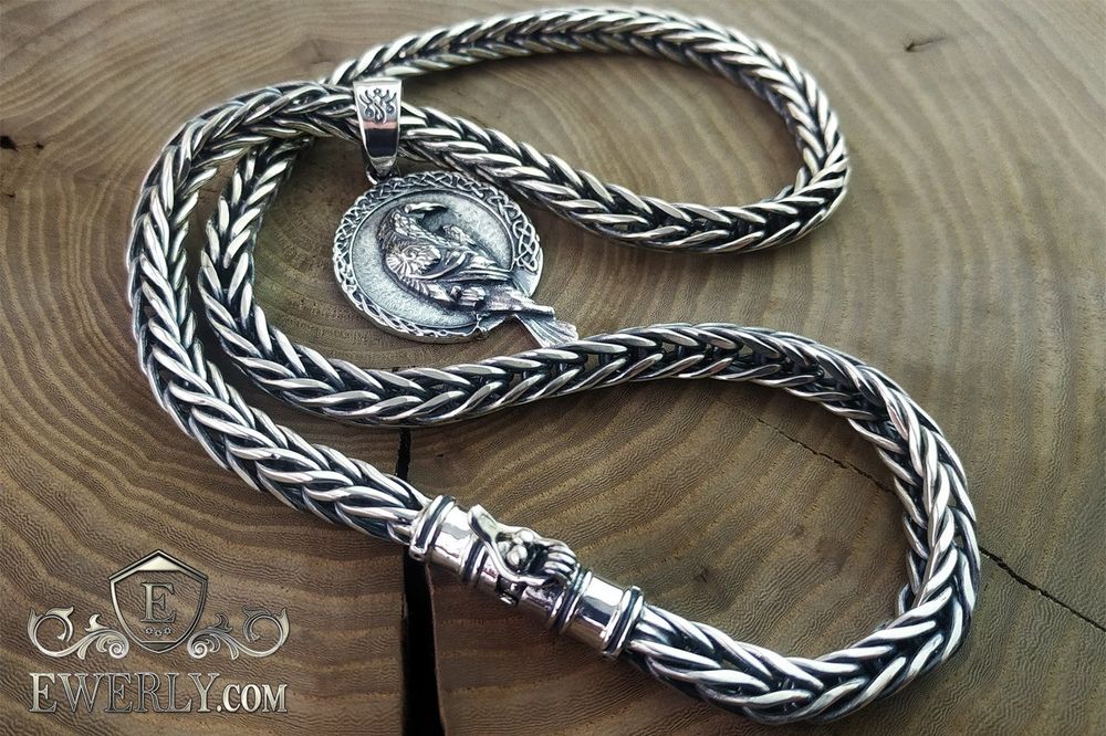 Толстая серебряная цепочка Колос с подвеской Ворон. Срібний ланцюг