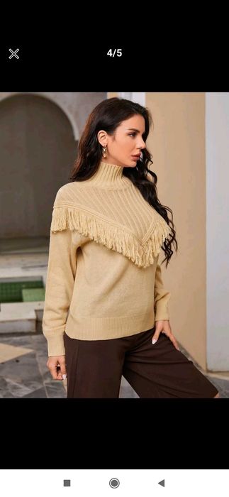 Nowy sweter damski Boho beżowy oversize z frędzlami ciepły 36 golf