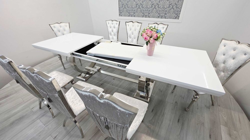 Jadalnia Stół Omega Decor 200x100 cm rozkładany + 8 krzeseł Love Snow