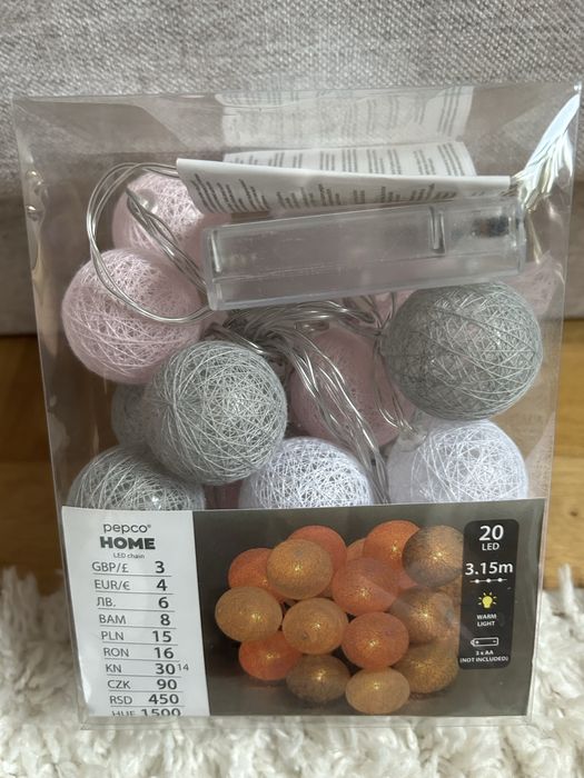 Cotton balls na baterie łańcuch girlanda Pepco róż szary pastele