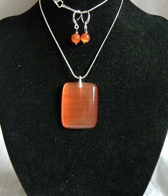 Pomarańczowy kwarc kocie oko, wisior i kolczyki, srebro