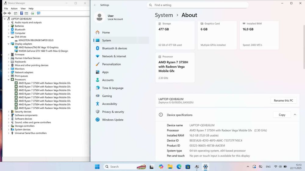 Asus ROG Zephyrus GA502DU /Ryzen 7 3750H/16 GB ram/512 SSD /GTX 1660Ti