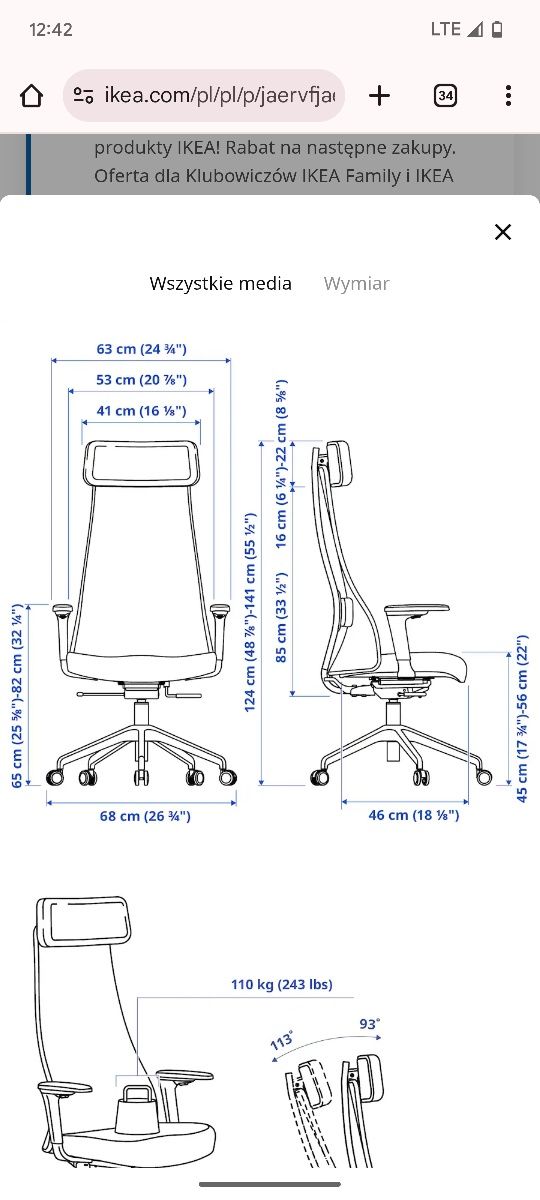 Krzesło biurowe z podłokietnikami czarne JÄRVFJÄLLET IKEA