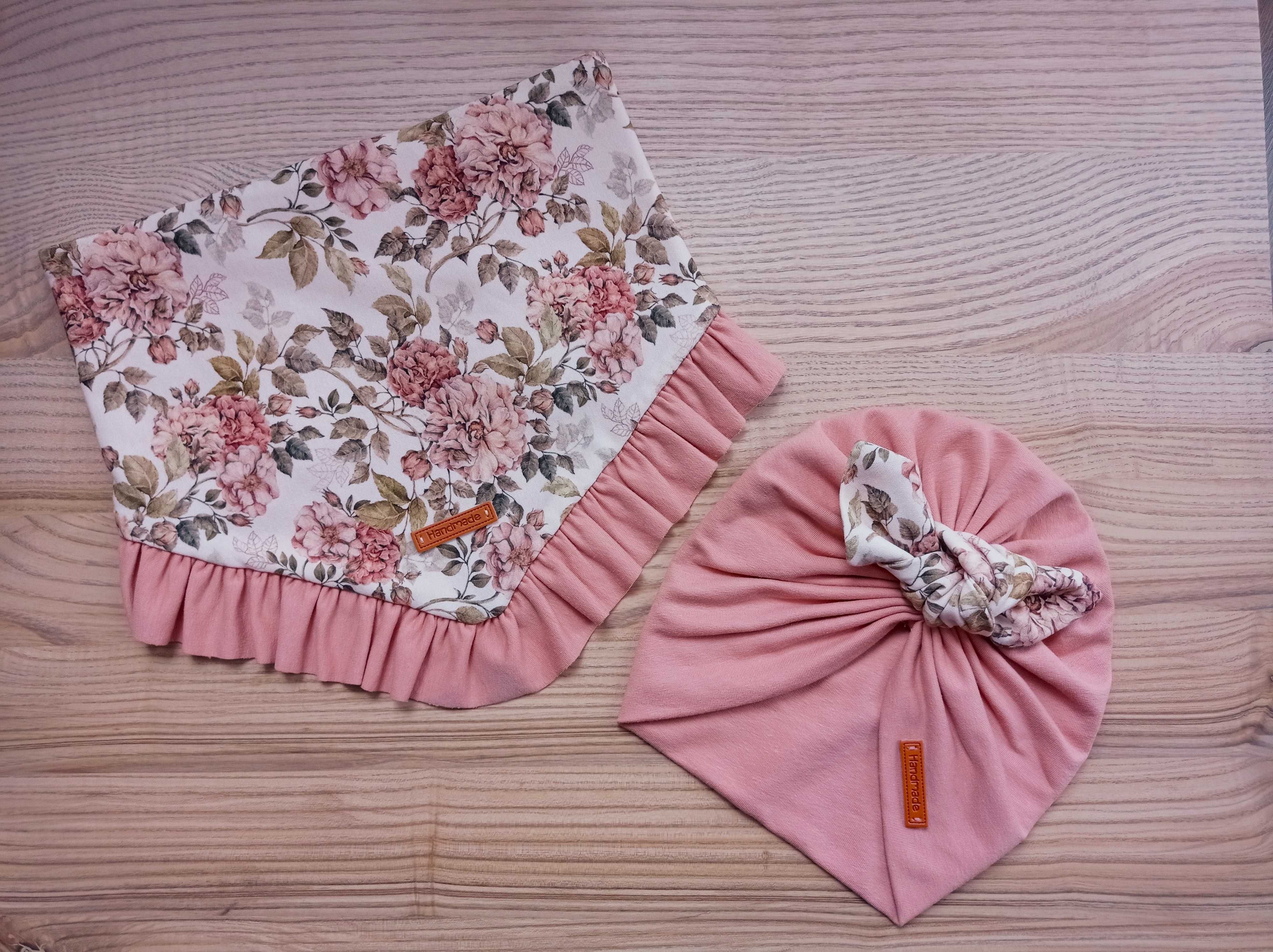 komplet turban i chusta dla dziewczynki, kwiatuszki, Handmade