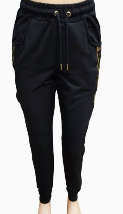 spodnie dresowe damskie z ściągaczami i kieszeniami miękkie czarne m