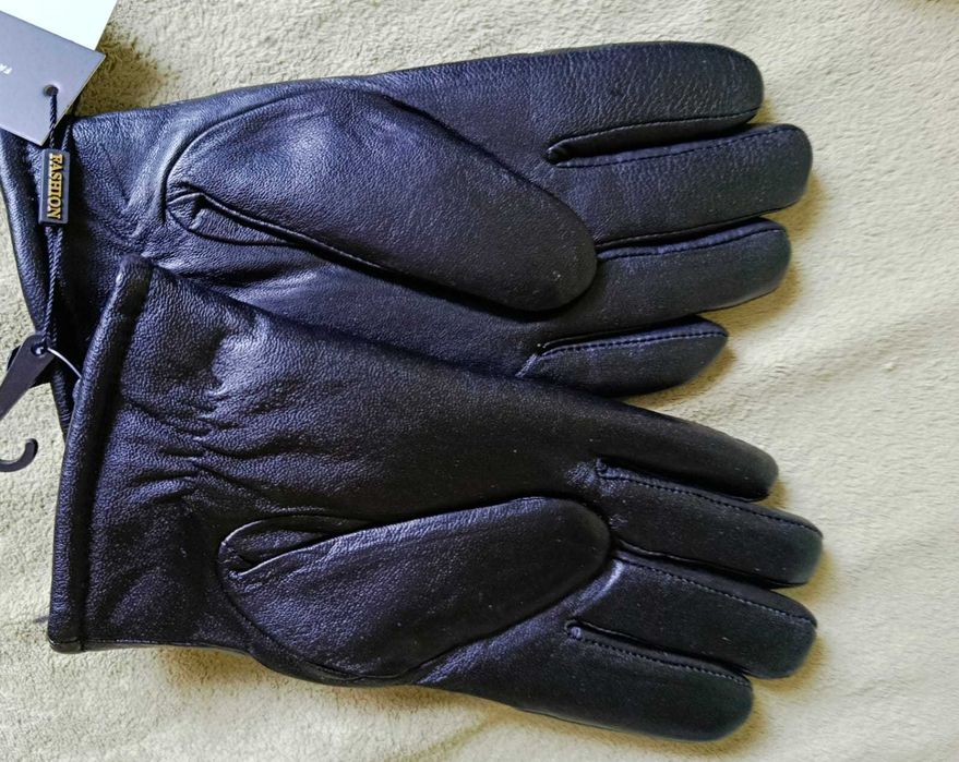 Grube męskie rękawice skórzane czarne na sztucznym misiu M- wyprzedaż