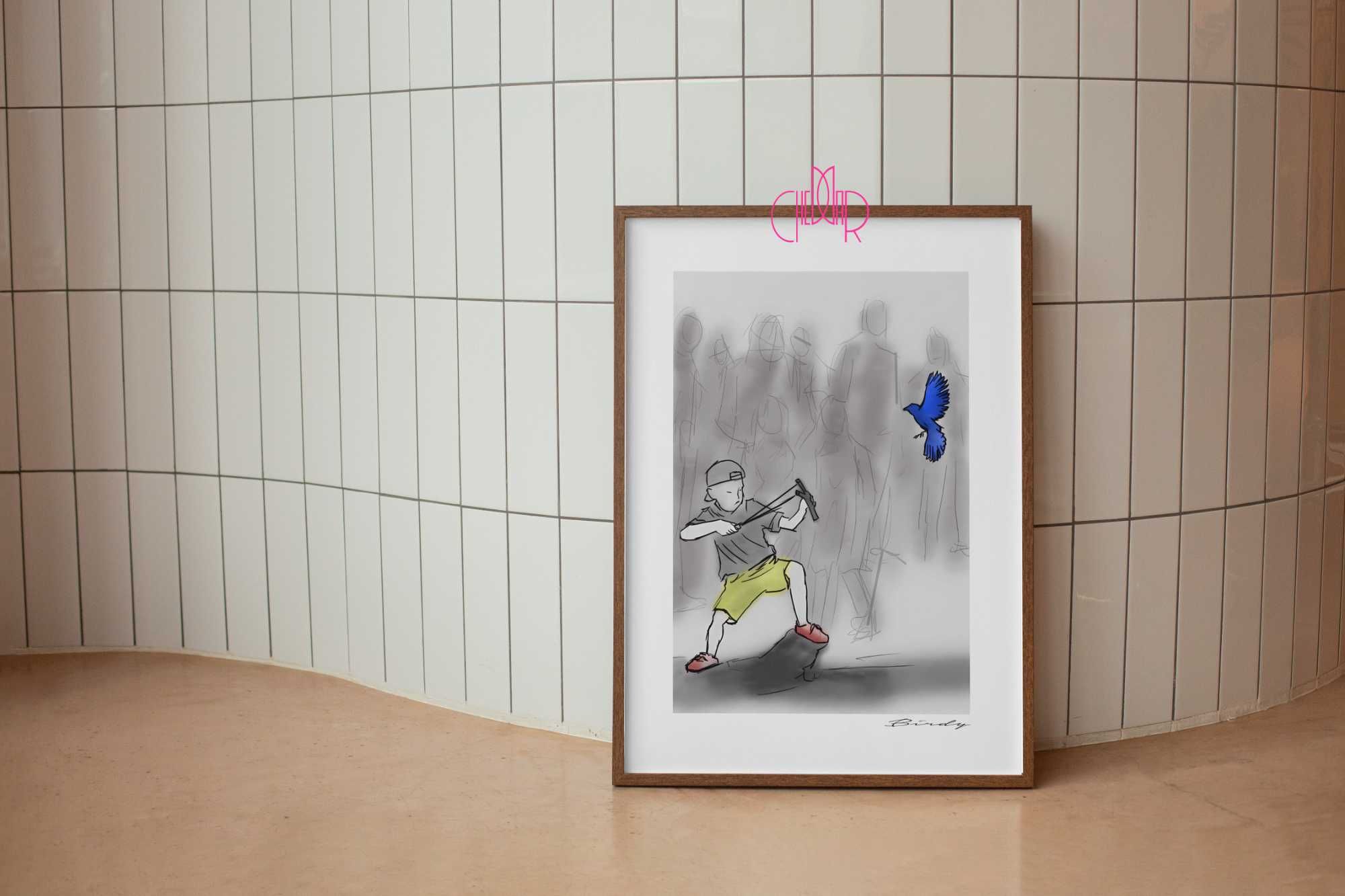 Plakat minimalistyczny człowiek z ptakiem