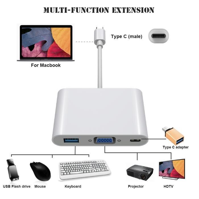 Переходник Адаптер Type-C to VGA, USB-3.0, Type-C мама (для зарядки)