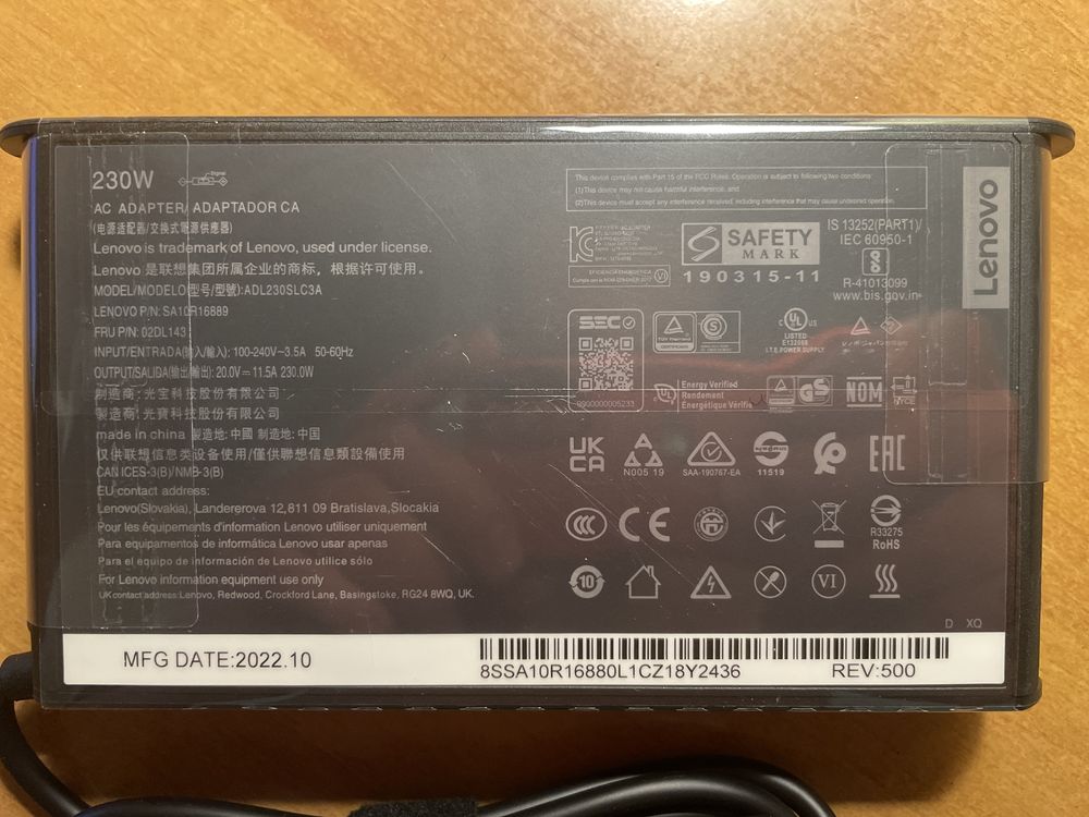 Блок Питания Зарядное Устройство Lenovo ThinkPad Legion 20V 11.5A 230W