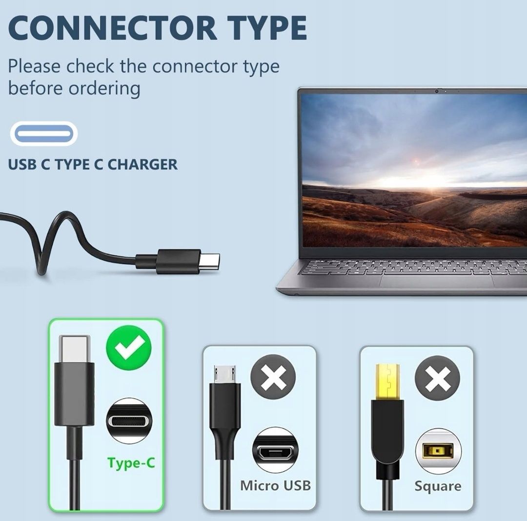 Zasilacz laptopa USB C 20 V 5 A 100 W Mc Book iPad Dell HP Asus inne