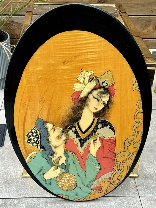 Unikatowy Perski Obraz malowany na lakierowanym drewnie inkrustowany