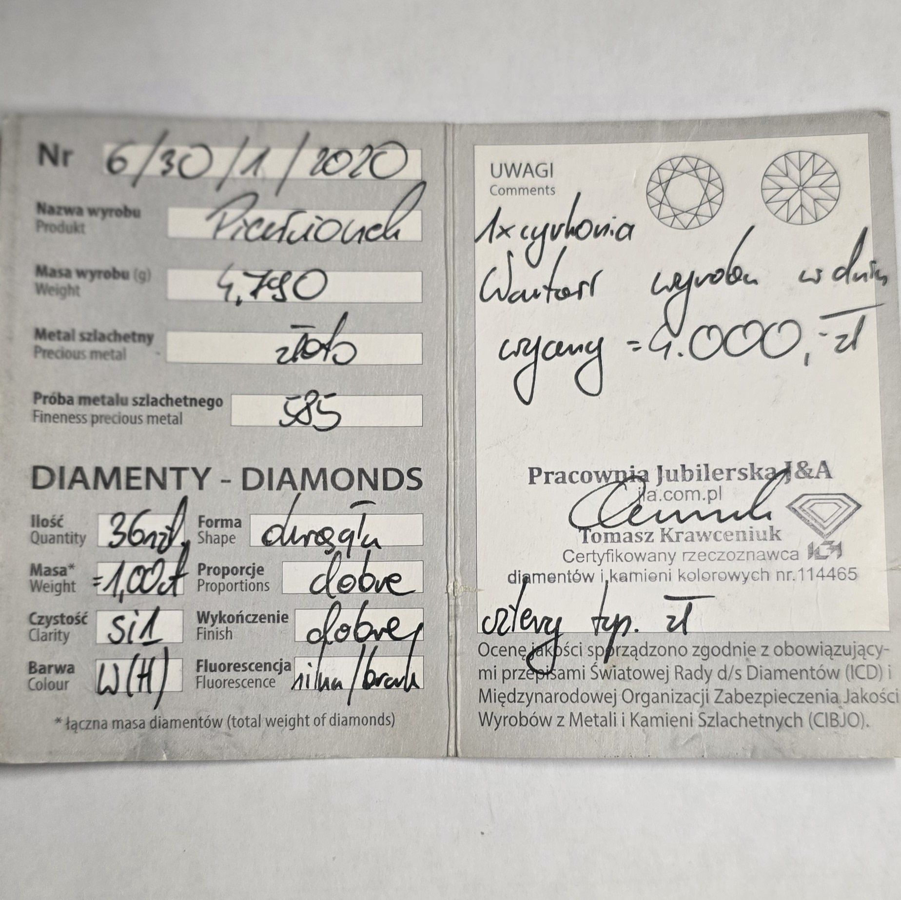 Pierścionek złoty z brylantami 1.0 ct p.585 certyfikat roz.18