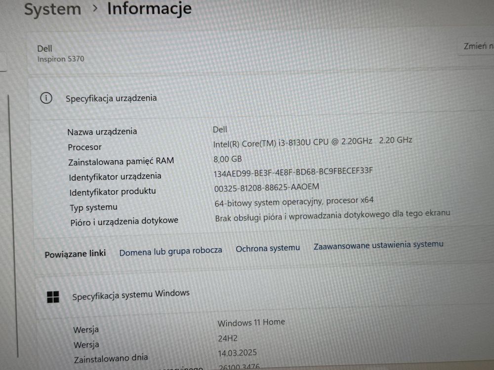 Dell Inspiron 5370, i3 8th, 8/256GB, nowa bateria, idealny stan