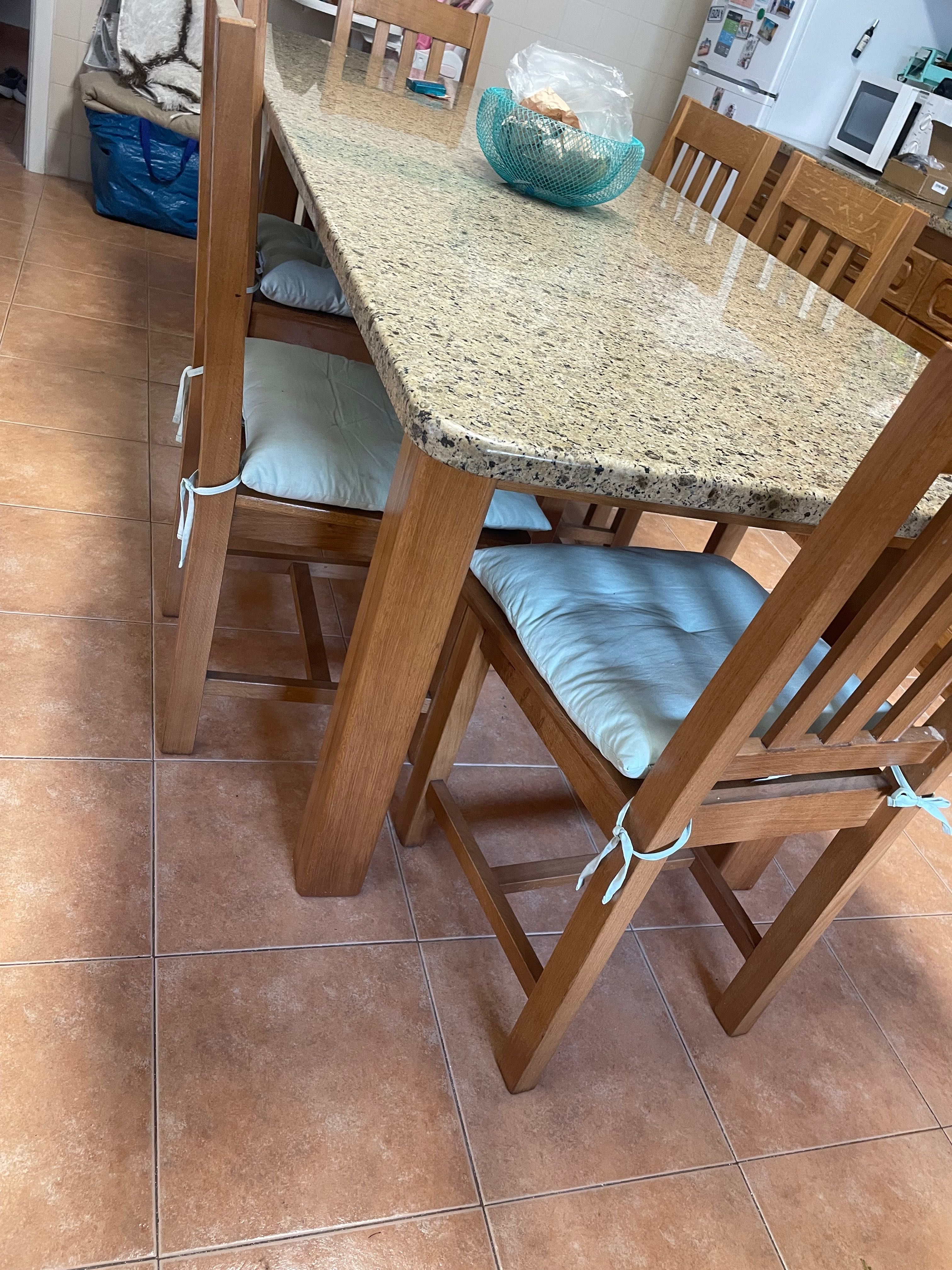 Mésa 2,50x 1.0M em Marmore e madeira maçiça + 6 Cadeiras