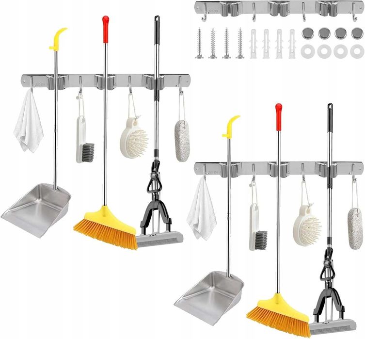 Uchwyt ścienny na miotły ze stali nierdzewnej 4 haczyki 3 szt