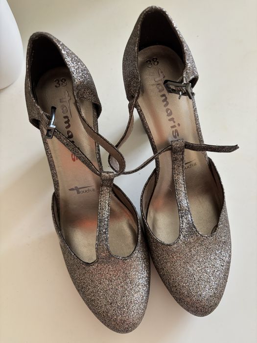 Szpilki obcasy Tamaris 38 srebne brokat błyszczące unikat glitter y2k