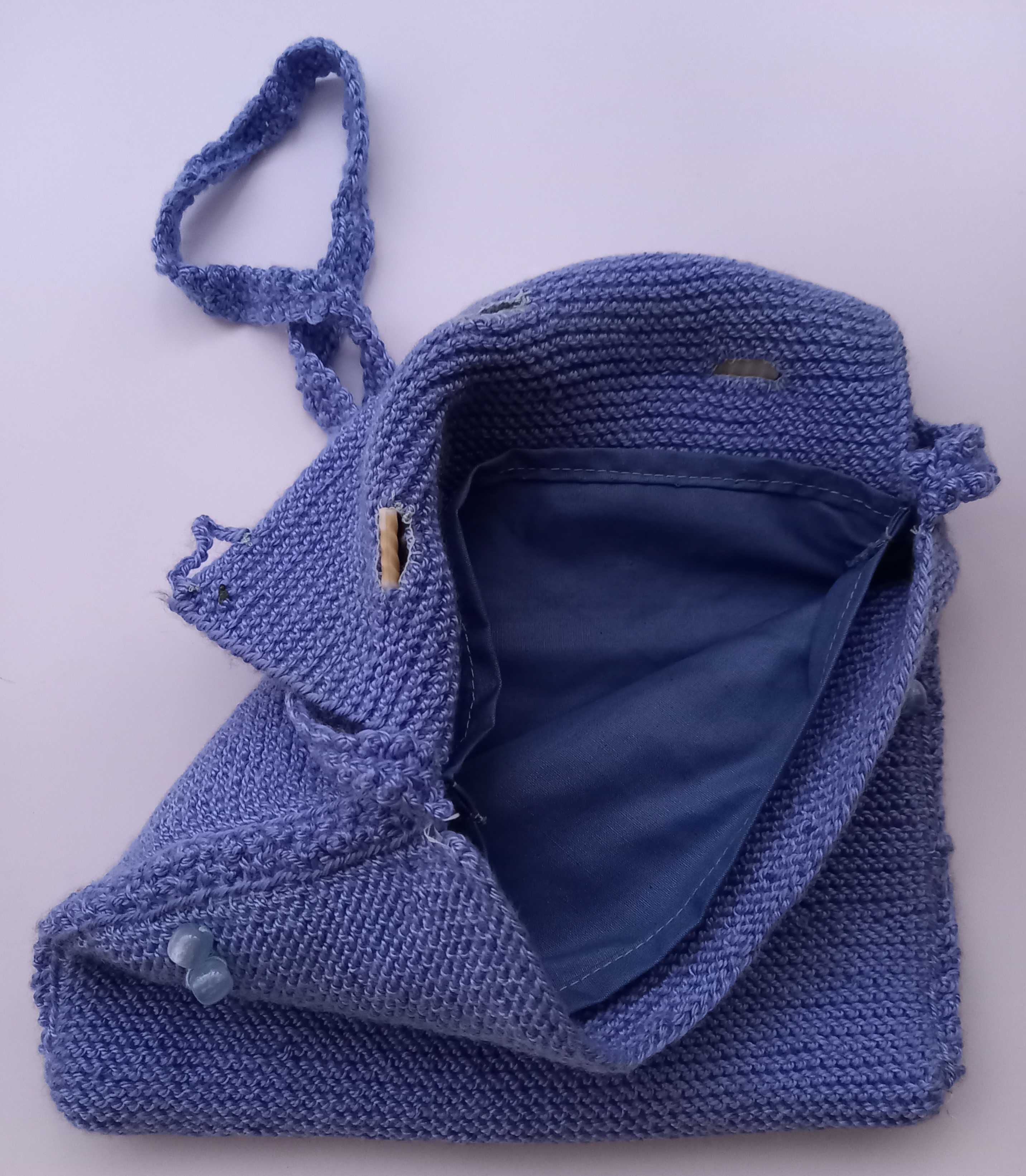 Włóczkowa torebka hand made, niebieska
