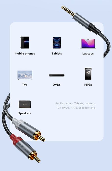 Аудіо Кабель AUX Jack 3.5mm/ 2 RCA, Стерео HI-FI Високоякісний шнур