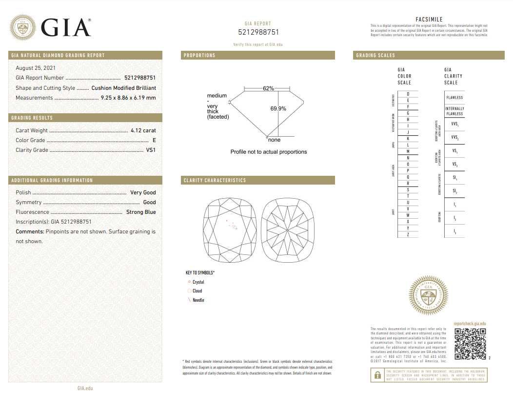 Brylant Diament 4ct E / VS1 Cushion GIA