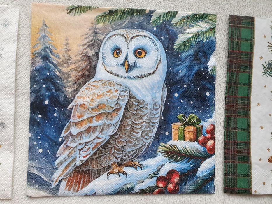 Serwetki papierowe zimowe świąteczne decoupage sowa skrzaty krasnale
