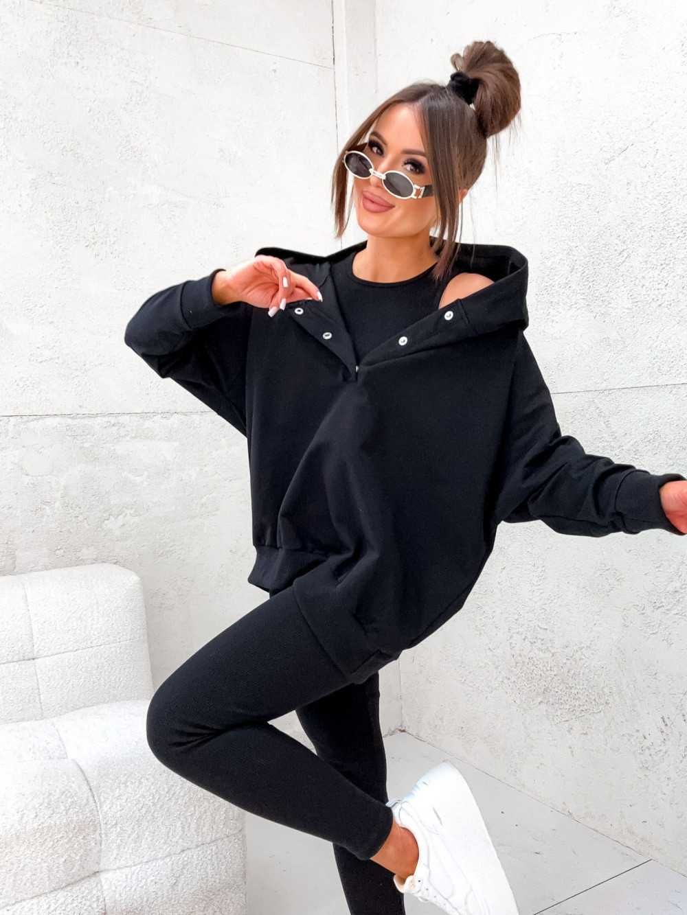 Komplet 3 częściowy dresowy damski czarny legginsy + bluza + top UNI