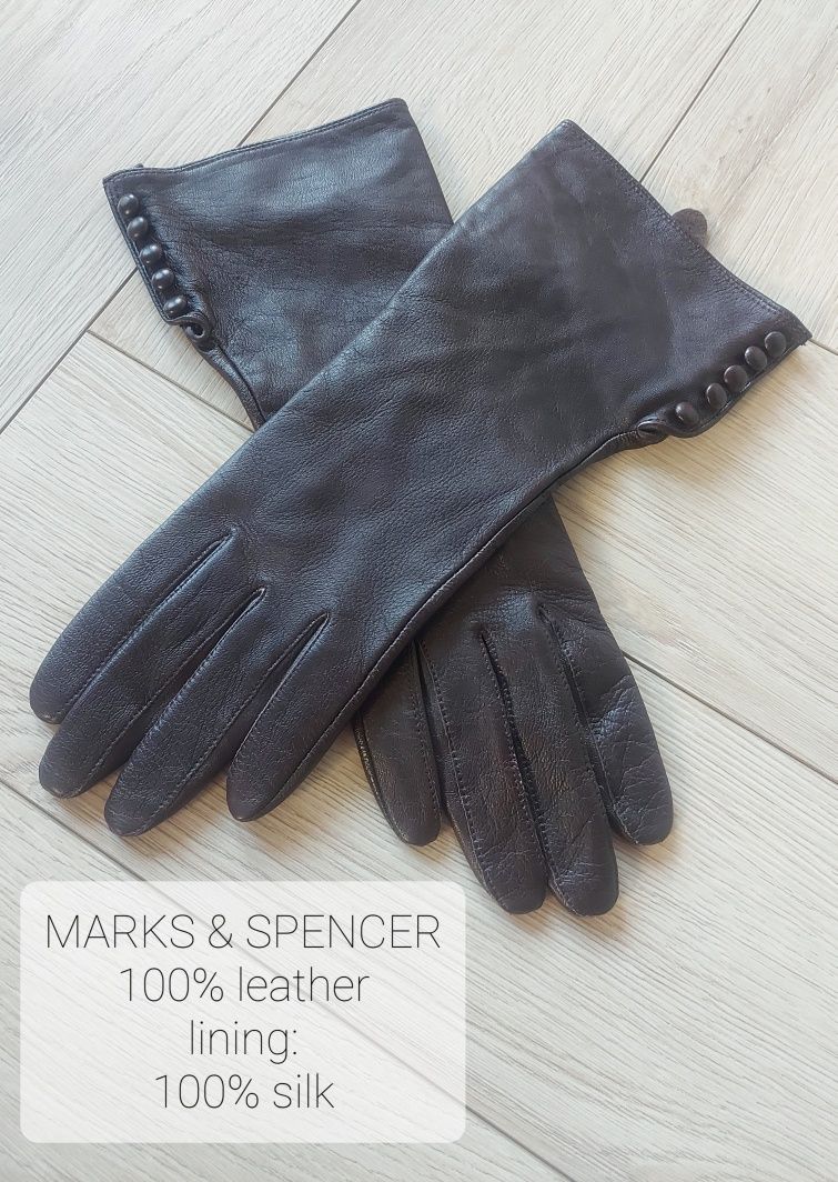 Czekoladowe skórzane rękawiczki wyściełane jedwabiem Marks & Spencer M