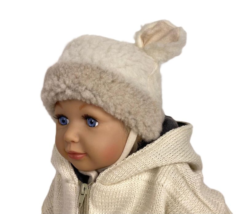 Czapka wiązana 50/56 cm wełna 100% wool  miś ciepła wełniana