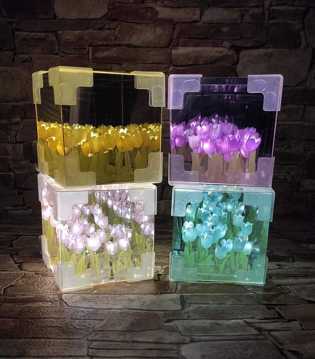 Готовий Нічник дзеркальний Куб з Тюльпанами / Набір для творчості