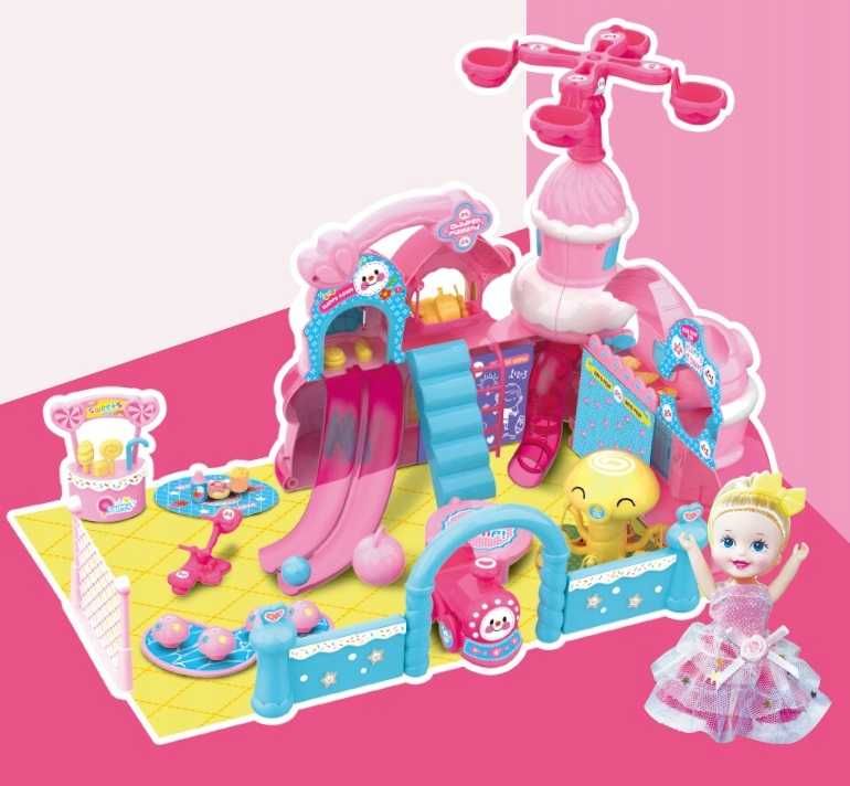 Tęczowy park rozrywki plac zabaw duży zamek lalka akcesoria
