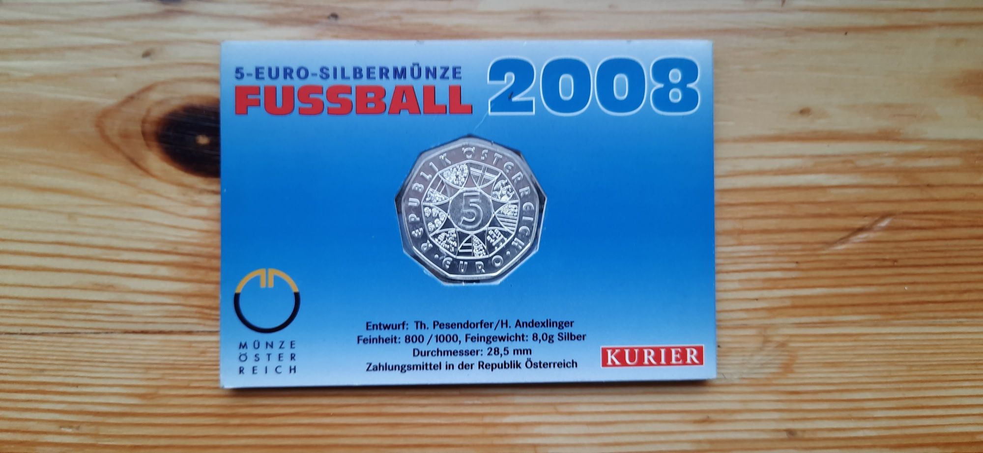 Kolekcjonerska  Srebrna moneta 5 Euro  z Mistrzostw Europy 2008.