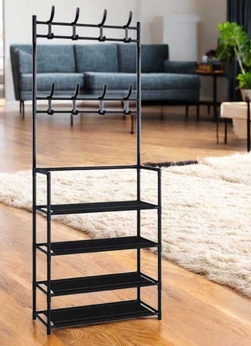 вішалка для одягу з поличками для взуття та гачками. Вешалка с полками