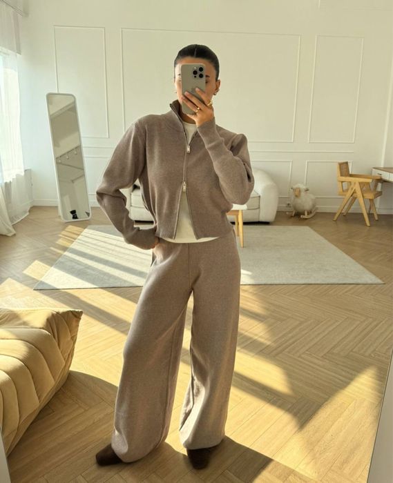 Трикотажный теплый костюм женский штаны топ кофта зипка zara el milas