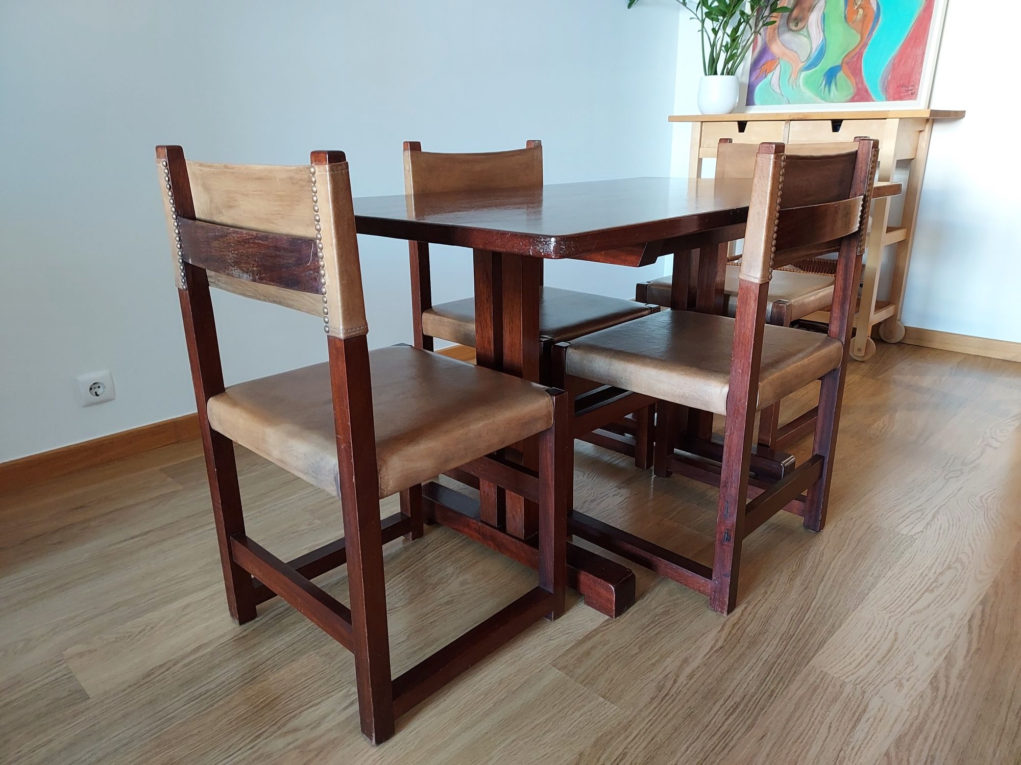 Mesa de Jantar e 5 Cadeiras Vintage em Madeira/Pele