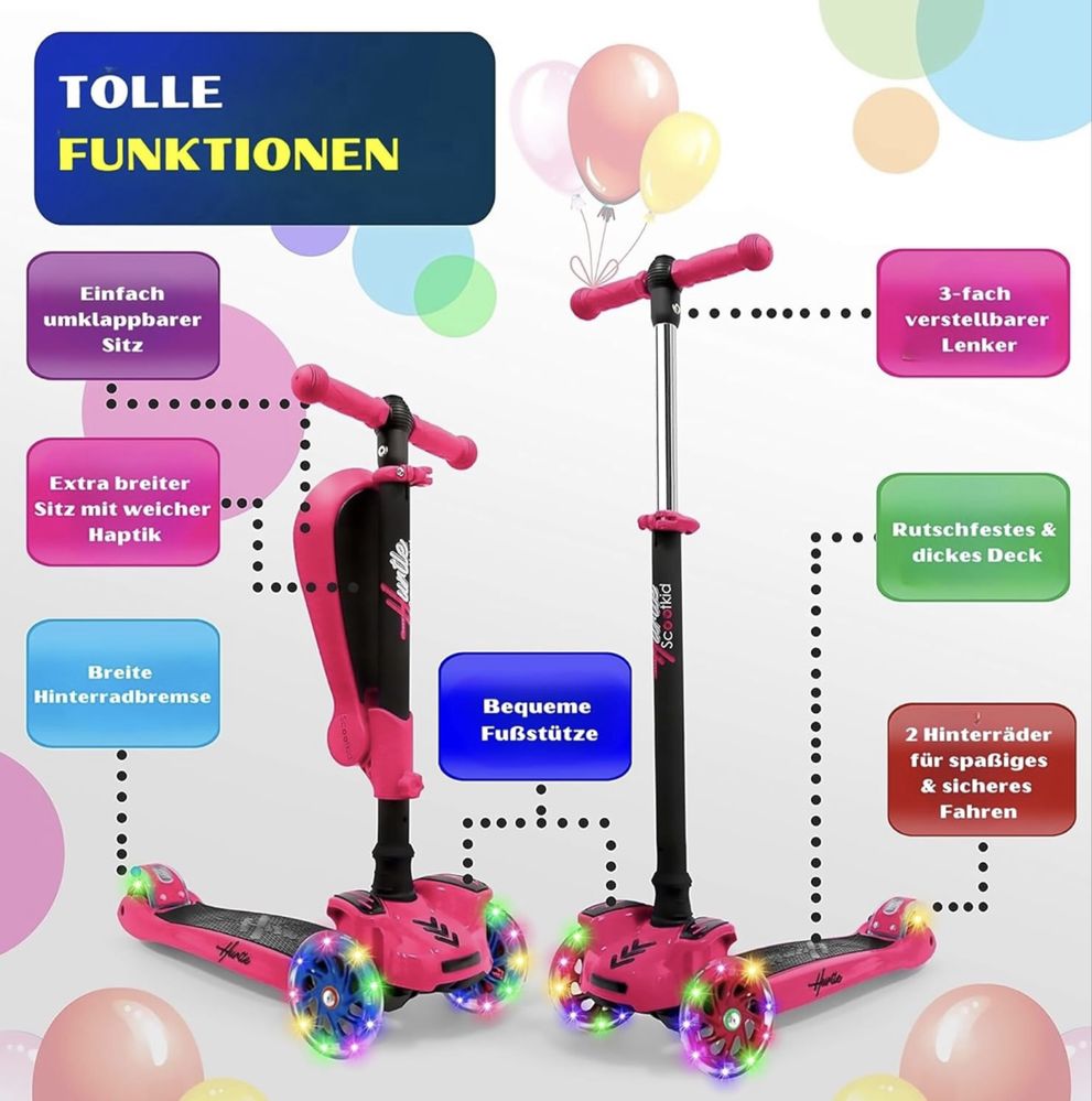Trotinete Infantil 3 Rodas Hurtle c/ Banco Dobrável e Luzes