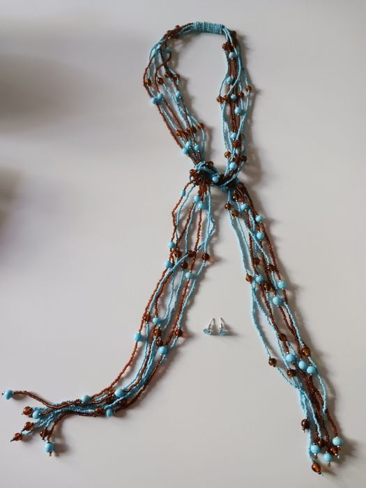 Długi naszyjnik vintage do wiązania z koralików + drobne kolczyki