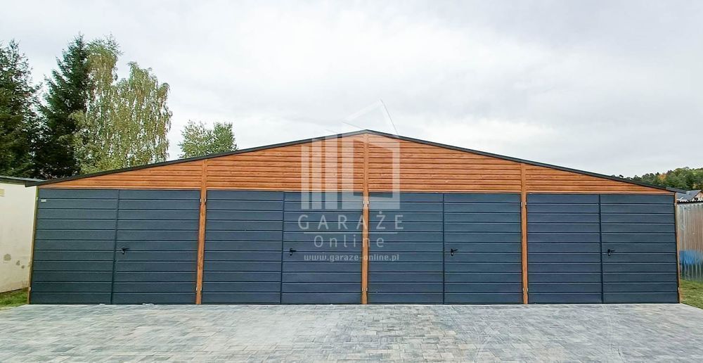 GARAŻ BLASZANY 12x6 dwuspadowy 4x Brama - złoty dąb + antracyt ID134