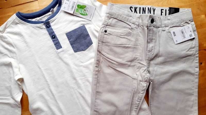 C&A SPODNIE chinos piaskowe BLUZKA henley biała denim 140 NOWA