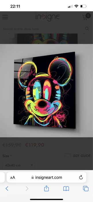 Quadro Mickey Neon 60x60 cm em vidro temperado
