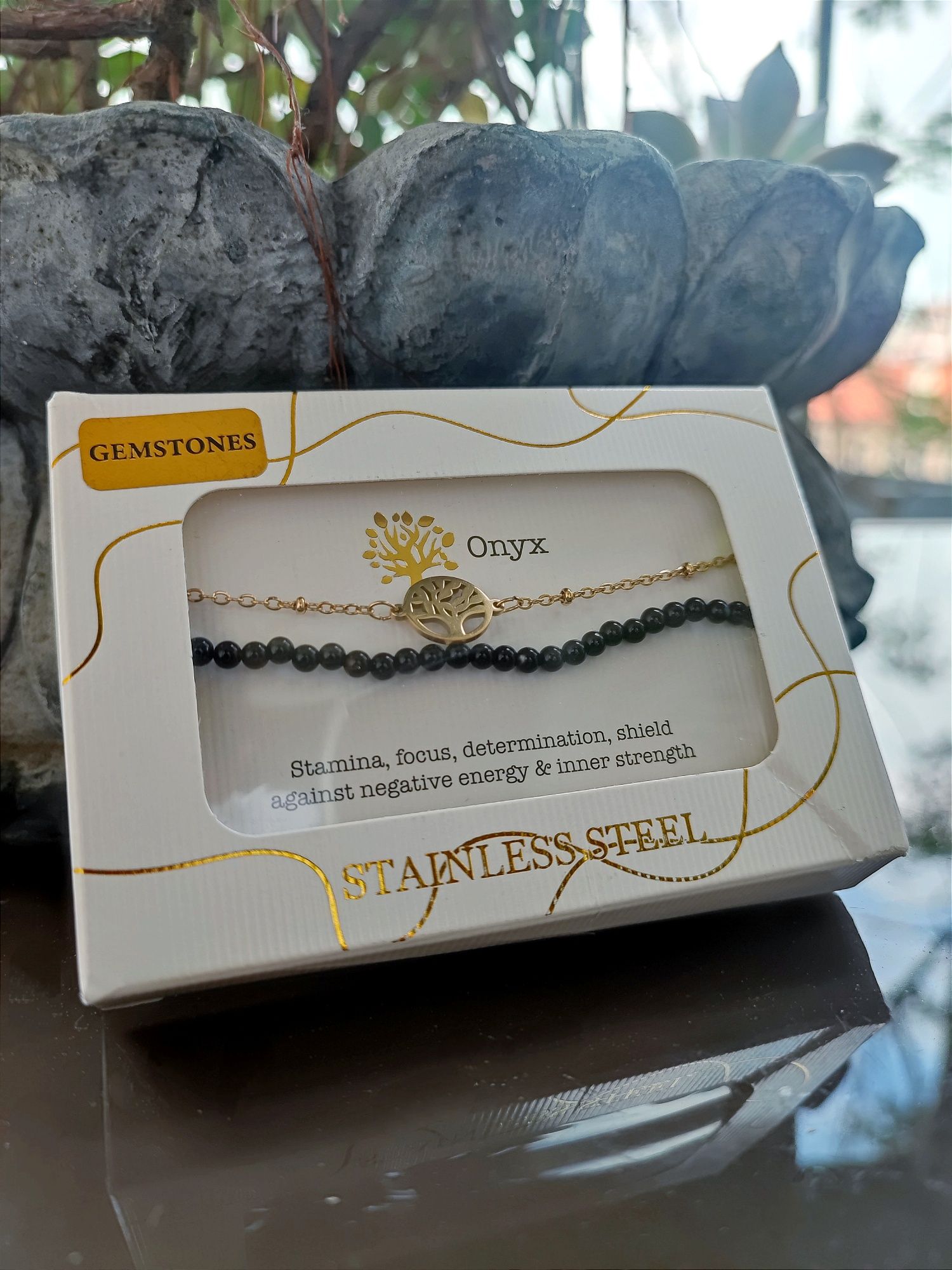 Par de Pulseiras aço inoxidável e onyx