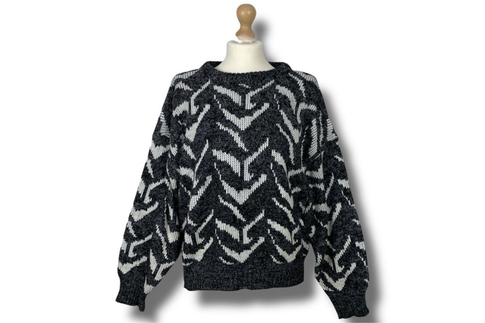 Vintage Czarno Biały Damski Sweter 100% Akryl
