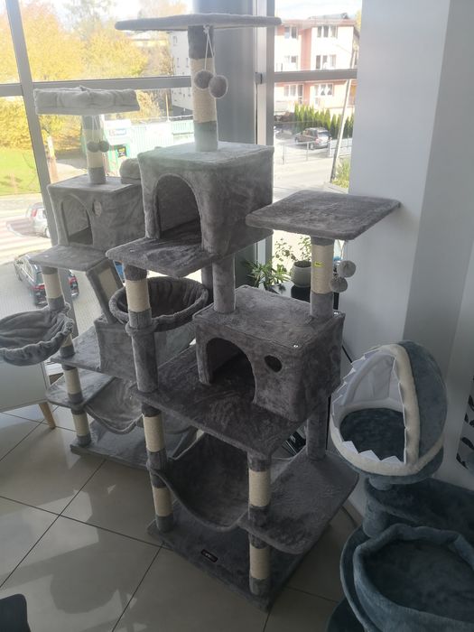 Wysoki drapak dla kota legowisko domek Materiał sizal szary