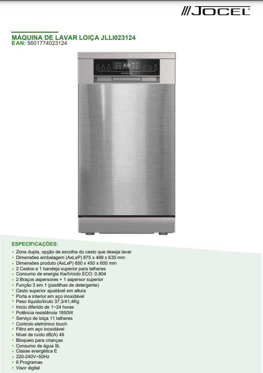 Máquina de Lavar a Loiça Inox 45cm largura Jocel