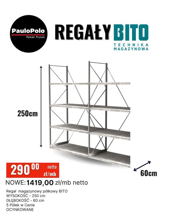 Regał magazynowy BITO 250 cm 60 cm głęboki 290 zł netto