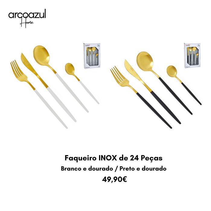 Faqueiro Inox - Branco e dourado e preto e dourado - 24 peças