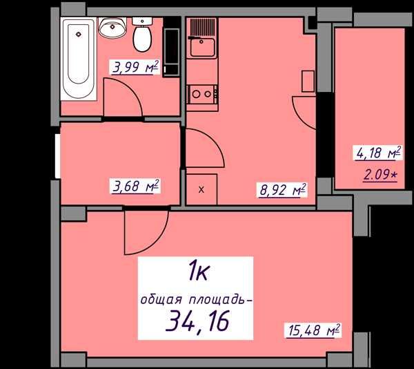Новая квартира в ЖК Седьмое небо, 4й этаж, вид во двор. 34метра.