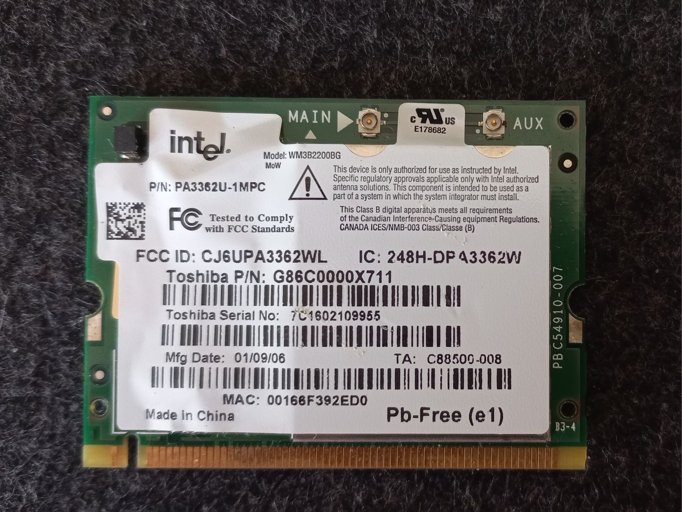 Intel PA3362u-1MPC WiFi Card Wm3b2200bg