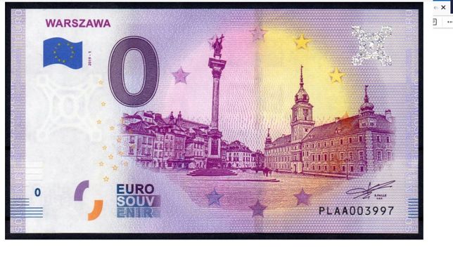 0 Euro Warszawa banknot kolekcjonerski 2019r niski numer 974+koperta