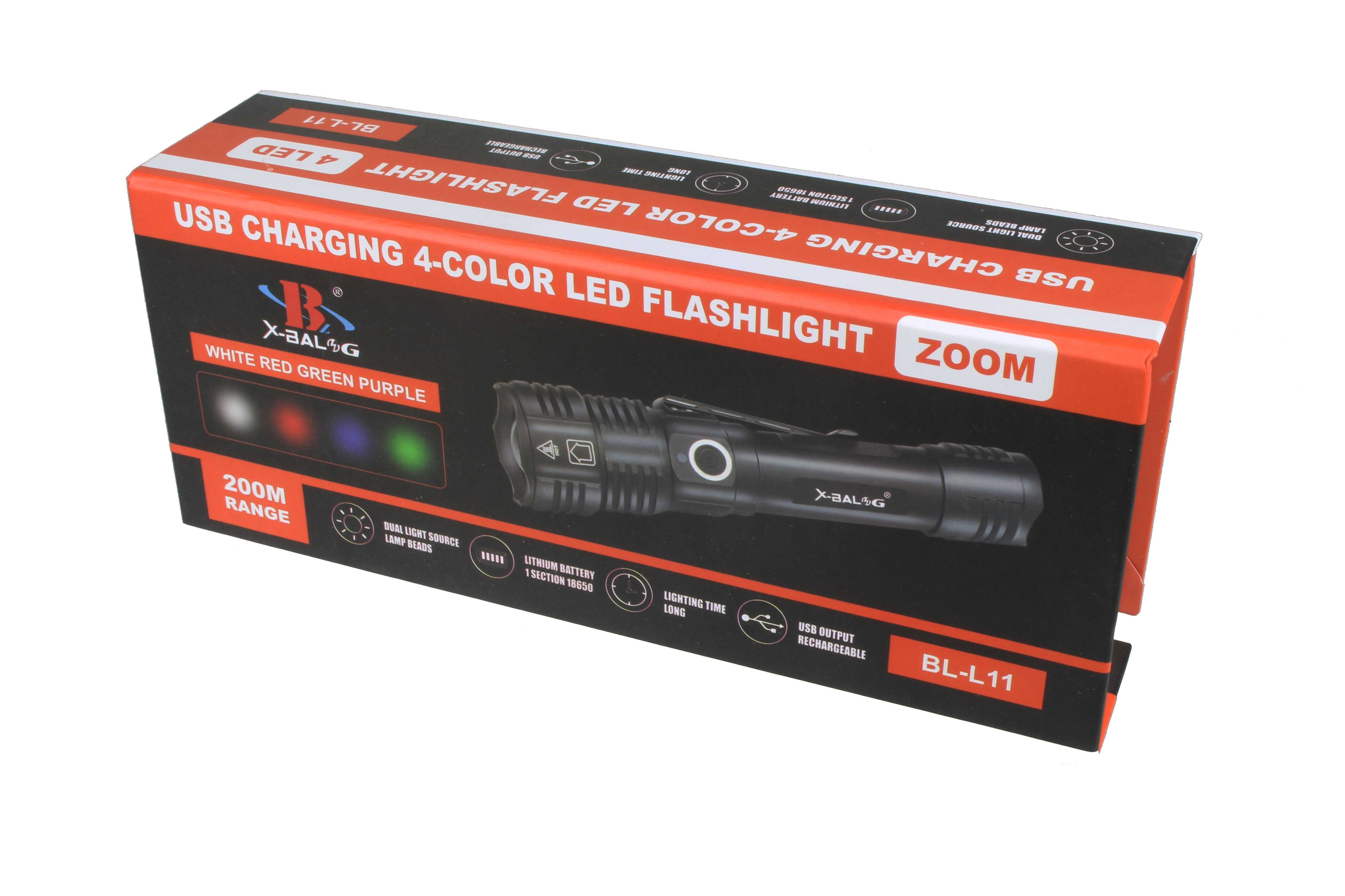 Latarka myśliwska na zwierzynę 4-KOLORY 4-LED USB zoom